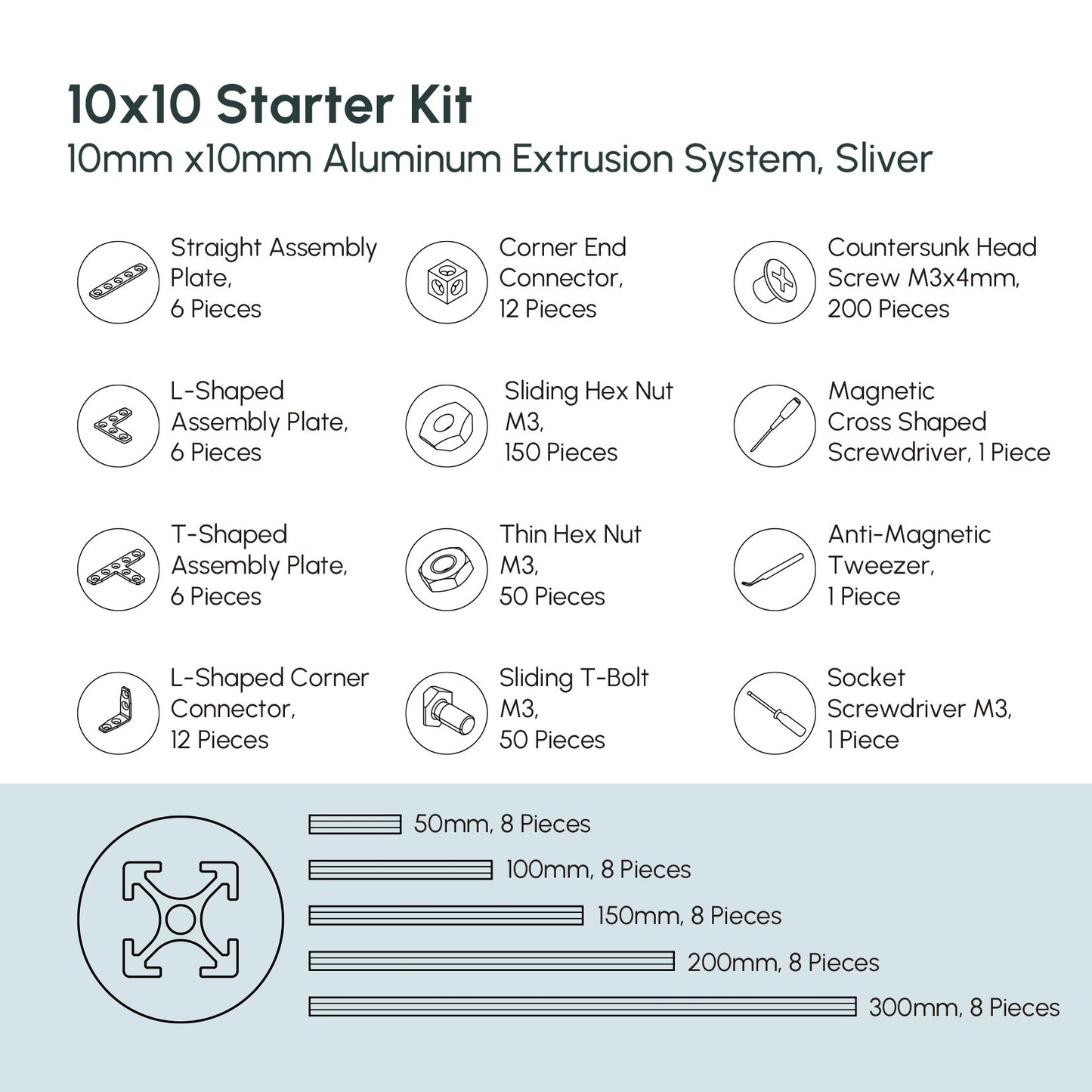 10x10mm Starter Kit - miniature t-slot aluminum extrusions