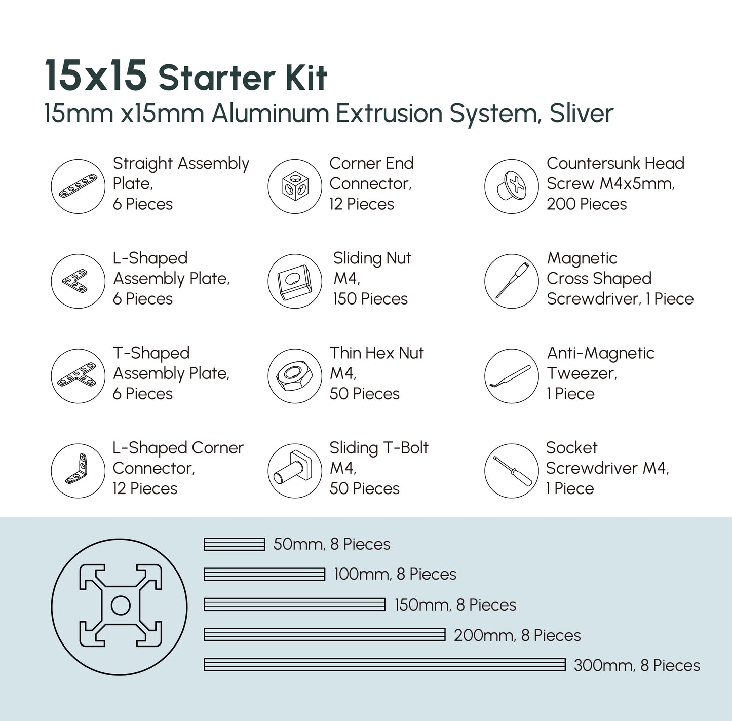 15x15mm Starter Kit - miniature t-slot aluminum extrusions
